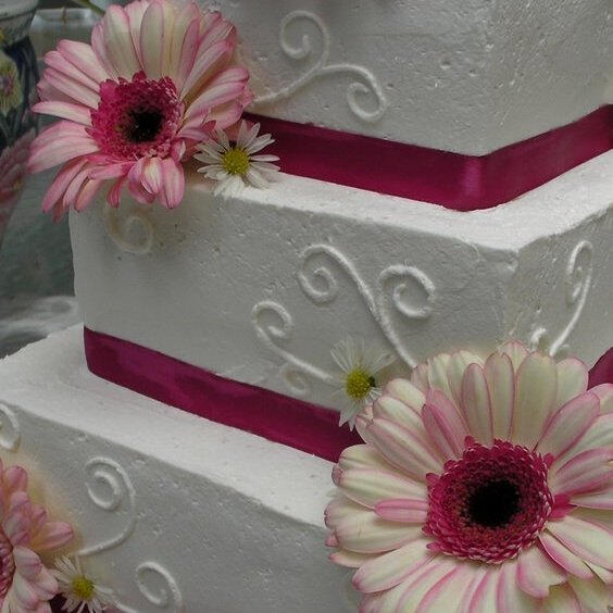 Square tiered white cake with pink gerbera daisies and magenta ribbon Square tiered white cake with pink gerbera daisies and magenta ribbon