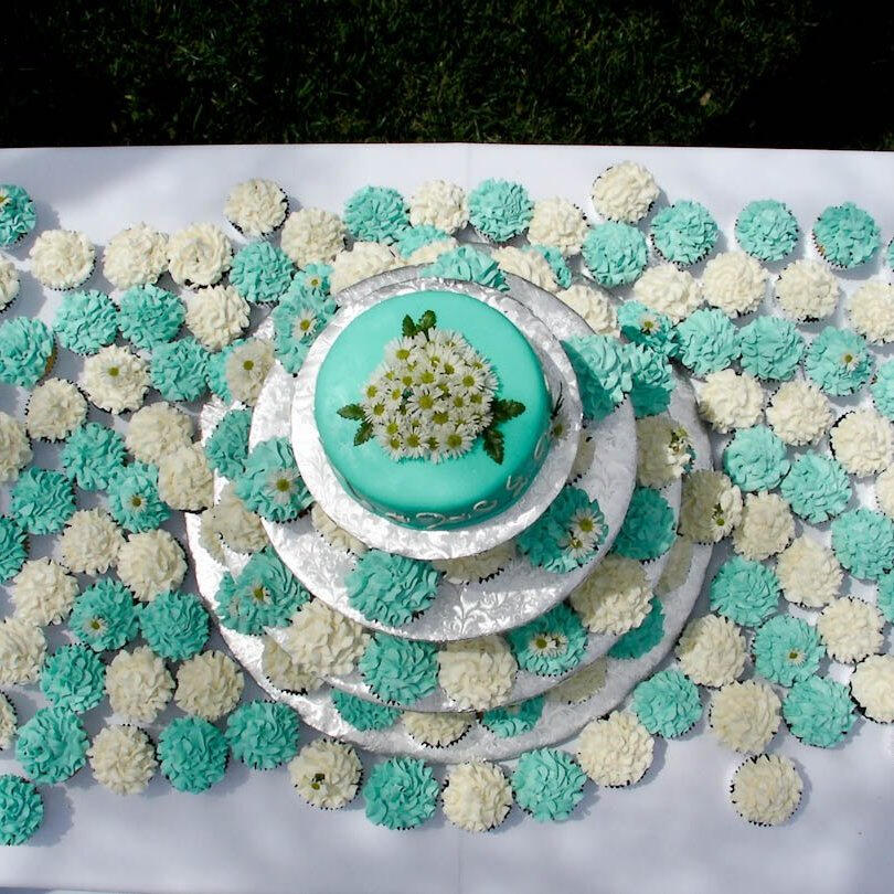 Overhead view of turquoise and white cupcakes arranged around a centrepiece cake Overhead view of turquoise and white cupcakes arranged around a centrepiece cake