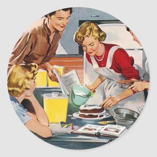 Vintage illustration of women baking a cake in a kitchen
